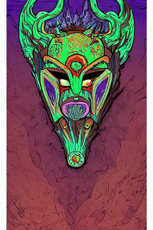 Image similar to animal mask totem roots flower tribal feather gemstone plant wood rock shaman vodoo video game vector cutout illustration vivid multicolor borderlands comics by josan gonzales and dan mumford radiating a glowing aura