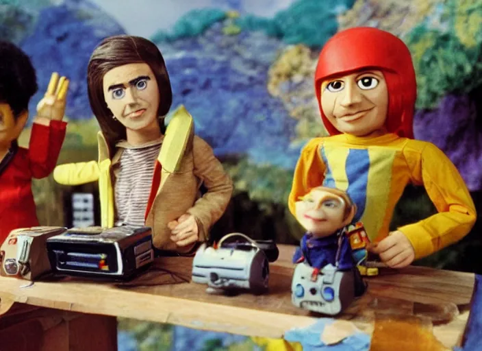 Image similar to a scene from a 1 9 7 0 s british kids tv programme by the bbc and gerry anderson, puppets, thunderbirds, supermarionation, vhs distortion, folk horror, hauntology