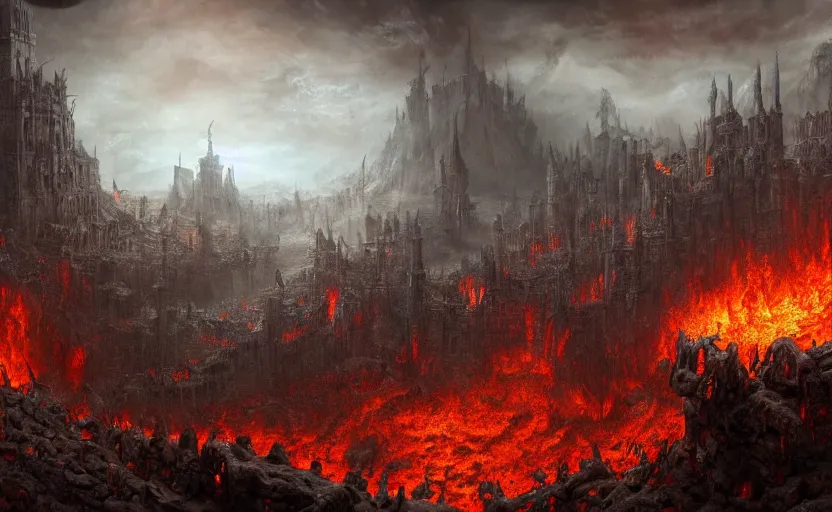 Prompt: a detailed matte painting of the most surreal haunting depiction of hell, in the style of doom eternal, dantes inferno, dark souls, trending on artstation, highly detailed, digital painting, concept art, unreal engine, 4 k wallpaper