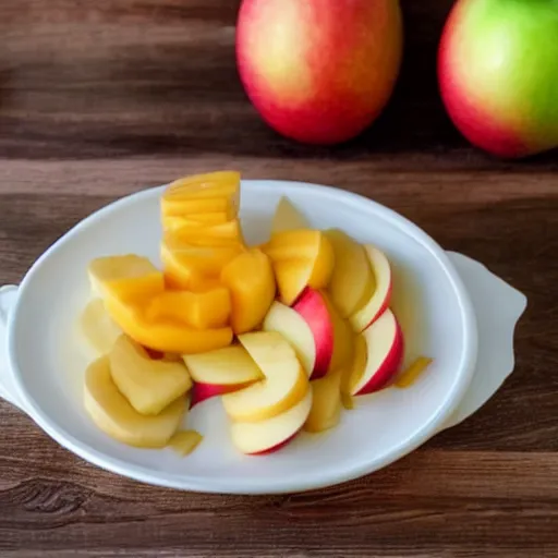 Image similar to beautiful photo of a sailing ship made from mango, bananas and apple pieces on a white plate, dslr