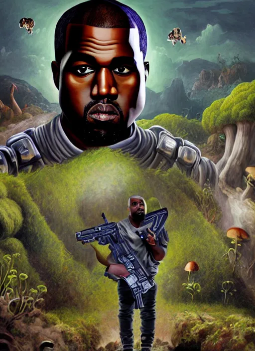 Image similar to portrait of kanye west stars in the sky fairies with detailed faces enchanted forest mushrooms on the ground psychedelic wide angle shot white background vector art illustration gears of war illustration gta 5 artwork of kanye west, in the style of gta 5 loading screen, by stephen bliss by hieronymus bosch and frank frazetta