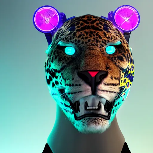 Image similar to portrait of a neon cyberpunk cyborg jaguar animal, octane render