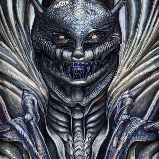 Image similar to Giger portrait of queen dragon, Dragon in dragon lair, HD, full body dragon concept, soft shading, hyperdetailed, wide angle lens, fantasy, futuristic horror, style of giger