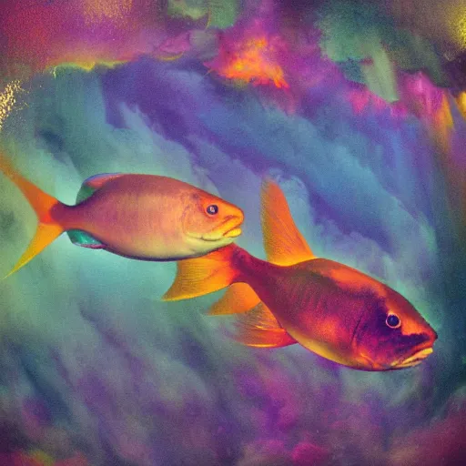 Prompt: film photography of a three headed fish swimming through colourful clouds by Kim Keever, low shutter speed, 35mm