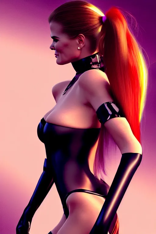 Image similar to mix of beautiful young maria shriver, mariel hemmingway, brooke shields, nicole kidman and elle macpherson as a dominatrix, thin lips, hair tied up in a pony tail, dark blonde hair, colorful, deviantart, artstation, cgsociety