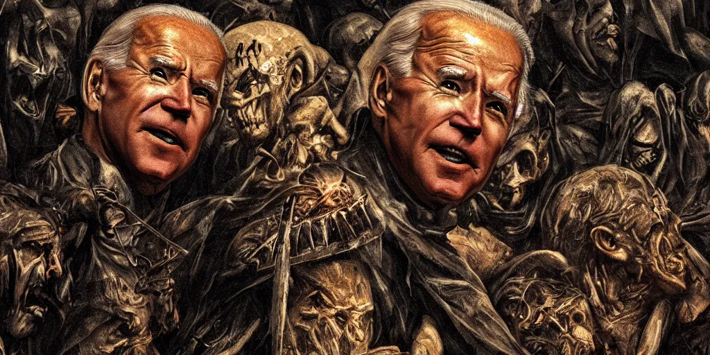 Image similar to biden in dante's inferno painting, crows, crosses, dark beauty, rotten gold, closeup faces, extremely detailed, cinema 4 d, unreal engine.