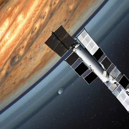 Image similar to modern space station in orbit around jupiter, io is in the background, computer render, 3 d render, animation, concept, high quality