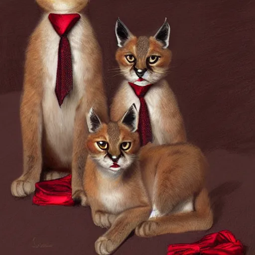 Image similar to three cute caracals wearing red ties, digital art, highly detailed by gaston bussiere, craig mullins, j. c. leyendecker 8 k