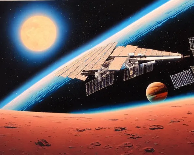 Prompt: a Space Station orbiting a red planet, sci-fi, space station, retrofuturism, vintage, art by Vincent Di Fate, Vincent Di Fate, 8K