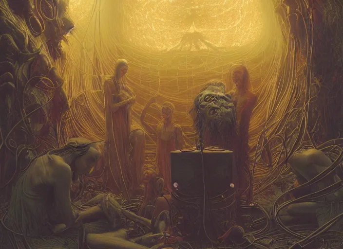 Image similar to satanic ritual, neon, they are watching, RGB, glowing wires everywhere, pristine, by Edgar Maxence and Ross Tran, Zdzisław Beksiński, and Michael Whelan, distant, gustav dore, H.R. Giger, 8k, octane render