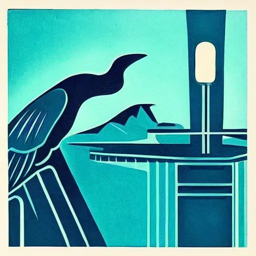 Prompt: “raven in-front of a futuristic glass city, moon, art deco, 1950’s, glowing highlights, teal palette, no details, modern”