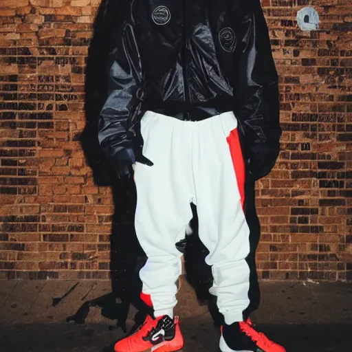 Image similar to rotterdam gabber full body portrait. black jacket with thunderdome logo, nike pants, nike airmax sneakers