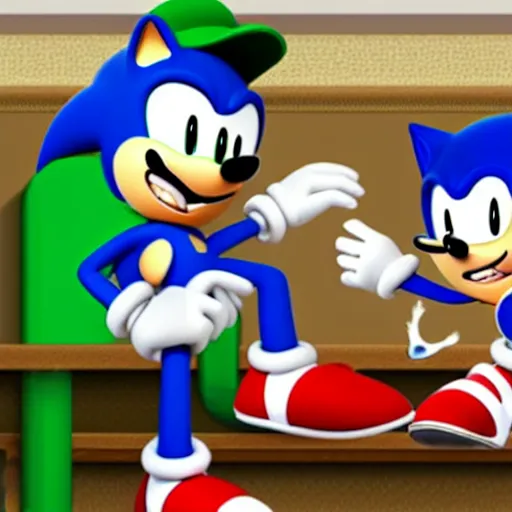 Image similar to sonic and luigi in a restaurant