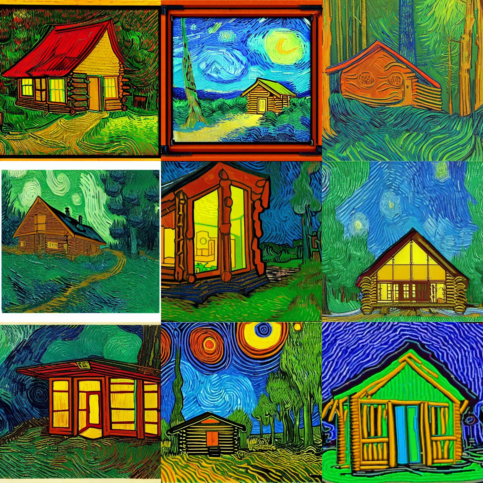 Prompt: [ a log cabin in the forest ] [ van gogh ] [ neon ]