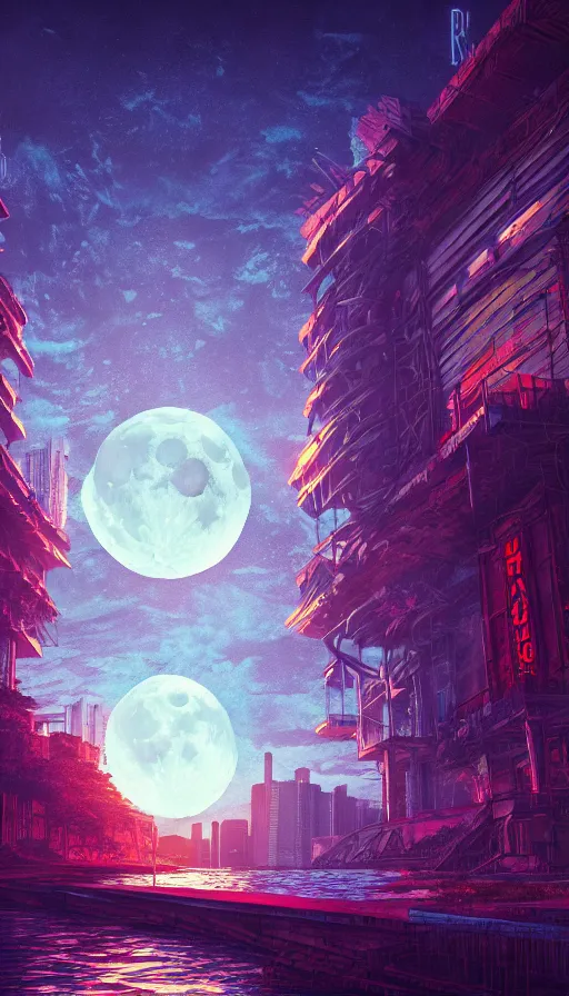 Image similar to reclaimed by nature by moon hoon, darkacademia atlantis cosmic san andreas at dawn neon signs tokyo synthwave universe, archdaily, wallpaper, highly detailed, trending on artstation.