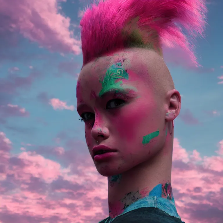 Prompt: oil painting, punk, pretty face punk back, pink, mohawks, neon, ultra detailed, contrast, clouds, sky, volumetric light, atmospheric lighting, dramatic, cinematic, moody, octane render 4 k, 8 k