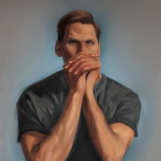 Prompt: Jerma thinking and pondering with his hand on his chin hunched over, Realistic, Hyperrealistic, Highly Detailed, Very Detailed, HD Quality, 8k Resolution, Digital Art, Oil Painting, Trending on Artstation, Real Life