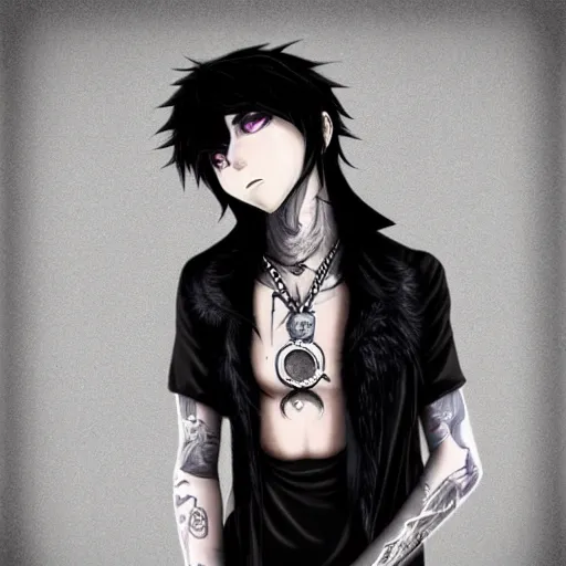 Image similar to anime style trans guy with black shaggy hair and piercings, emo, goth