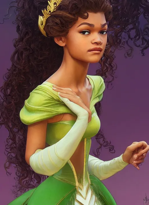 Image similar to beautiful young zendaya as tiana princess disney, frog closeup, d & d, fantasy, intricate, elegant, highly detailed, digital painting, artstation, concept art, matte, sharp focus, illustration, art by artgerm and greg rutkowski and alphonse mucha