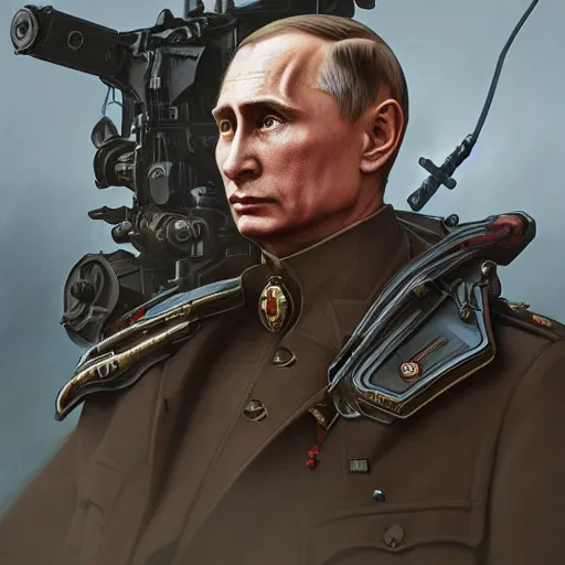 Image similar to world war one era mech, vladimir putin, intricate, highly detailed, digital painting, artstation, concept art, smooth, sharp focus, illustration, unreal engine 5, 8 k, art by artgerm and greg rutkowski and alphonse mucha