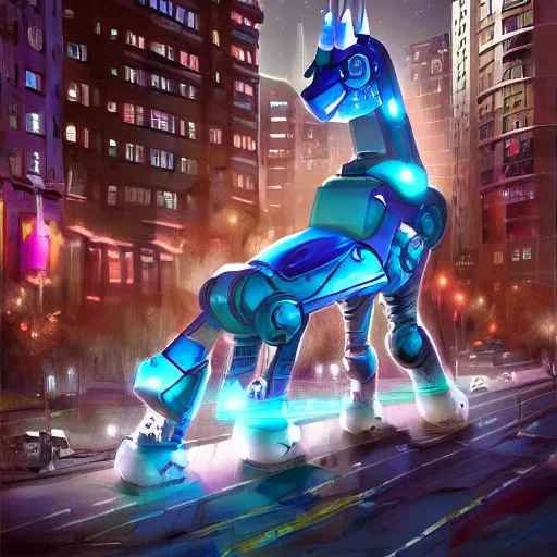 Image similar to robot unicorn in the city, trending on artstation