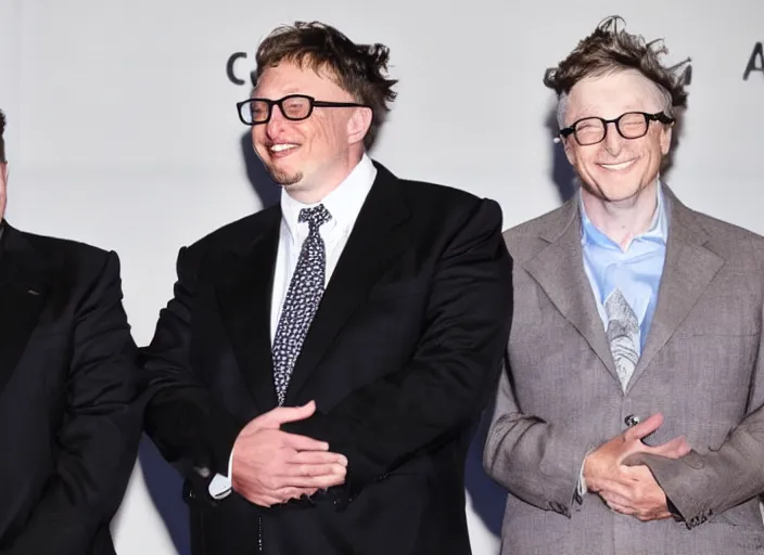 Prompt: elon musk and bill gates and einstein swim together. perfect faces.
