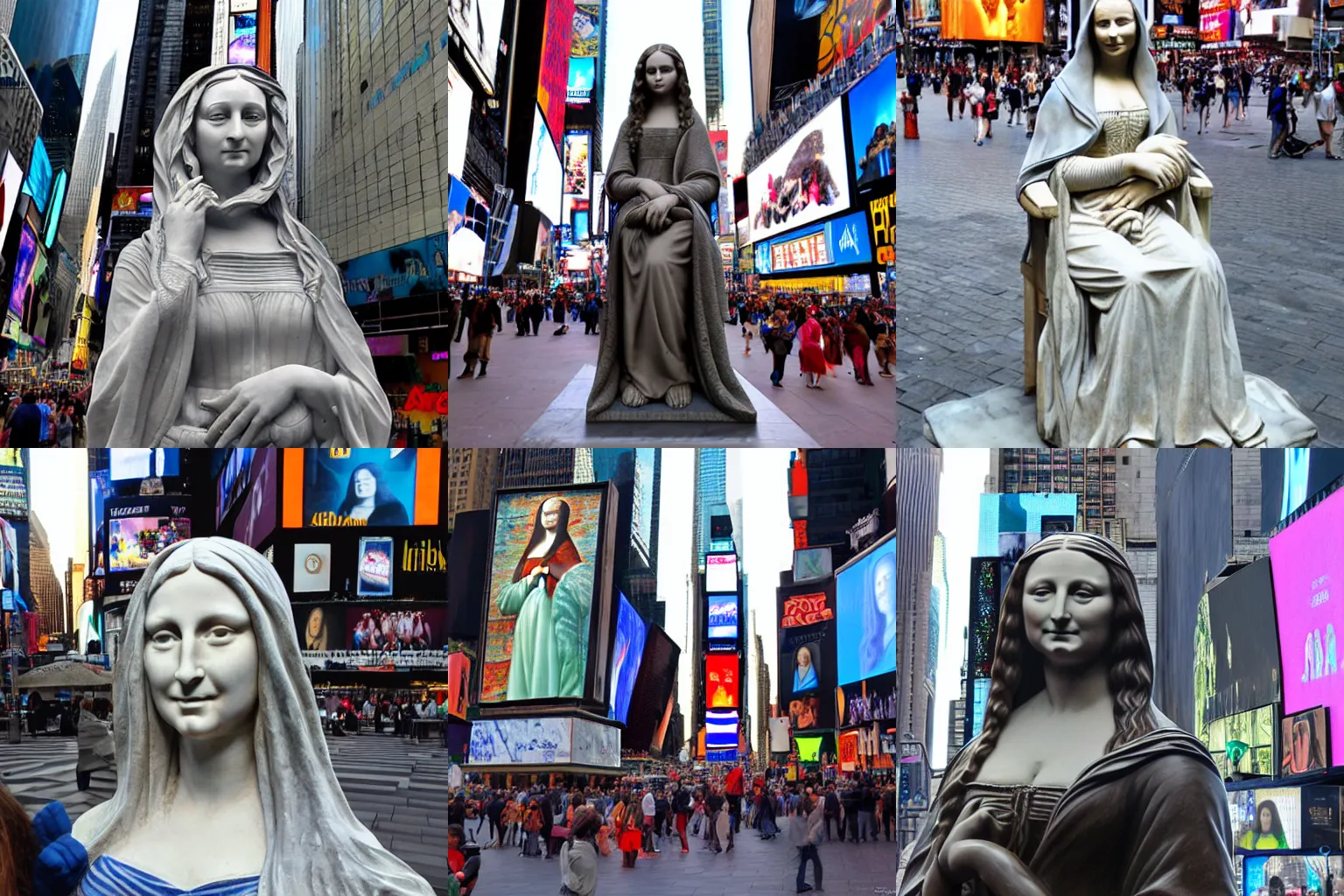 Prompt: marble sculpture of the mona lisa in times square