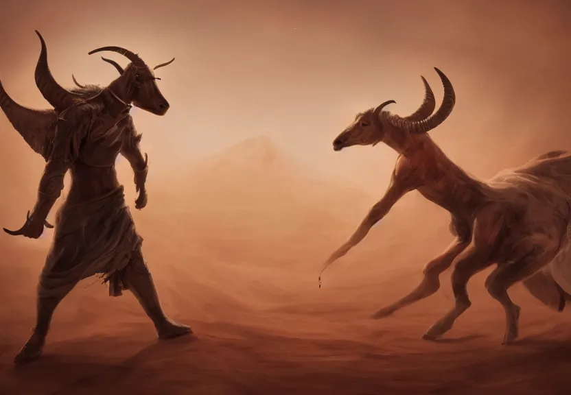 Image similar to angel vs demon, terrific jinn demon in middle of desert with hoof on his feet and goat face with long cloth afraid of beautiful powerful angel, epic angel, wporfull angel, good vs evil, atmosphere, harsh lighting, cinematic lighting,, award wining art, artstation, high details, concept art, 4 k