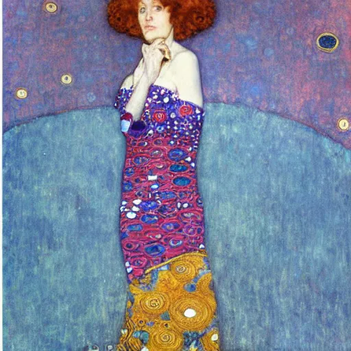 Prompt: An angelic woman with short red hair in light blue garbs by Gustav Klimt, ornate purple background, detailed