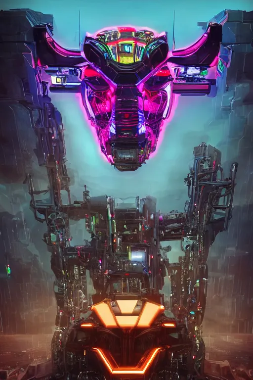 Prompt: giant imposing complex machine with evil cybernetic goat head at helm, multicolored, cyberpunk