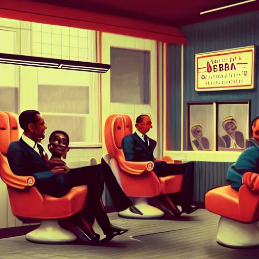 Image similar to illustration of nicki minaj sitting next to barack obama in a 6 0's vintage barbershop. symmetry, cinematic scene. ambient lighting, brownish colors, hyper detailed. octane render. concept art. trending on artstation.