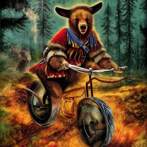 Image similar to jimi hendrix as a viking riding a mechanical robot bear through the russian forest by keith thompson