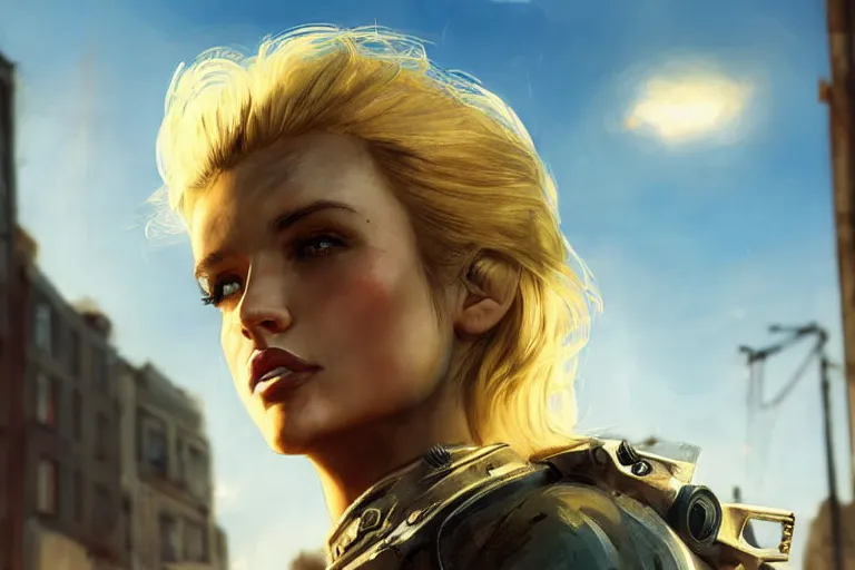 Prompt: fallout 5, charismatic beautiful rugged blonde female protagonist, portrait, outdoors european cityscape, atmospheric lighting, painted, intricate, volumetric lighting, beautiful, daytime, spring, sunny weather, few clouds, sharp focus, deep colours, ultra detailed, art by william turner