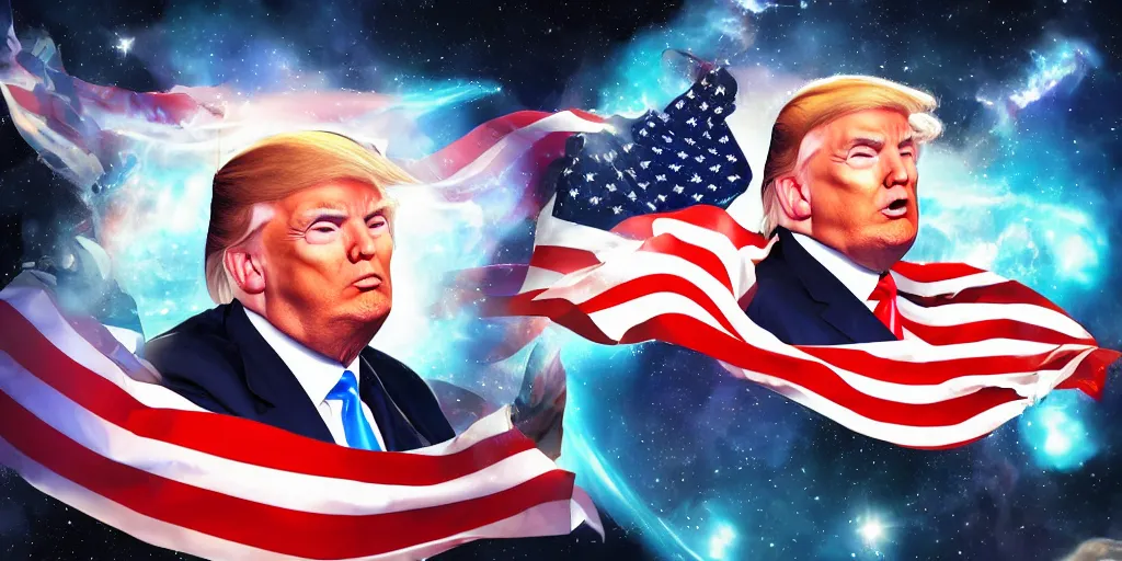 Prompt: donald trump in space album art, volumetric lighting, award - winning, perfection, ambitious, ambient occlusion, vibrant, 4 k hd, grainy, painting