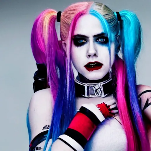 Prompt: an potrait of Avril Lavigne play Harley Quinn in suicide squad movie, 4k