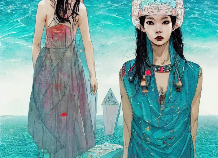 Image similar to lee jin - eun in luxurious dress emerging from turquoise water in egyptian pyramid city during an eclipse by james jean, conrad roset, m. k. kaluta, martine johanna, rule of thirds, elegant look, beautiful, chic, face anatomy, cute complexion