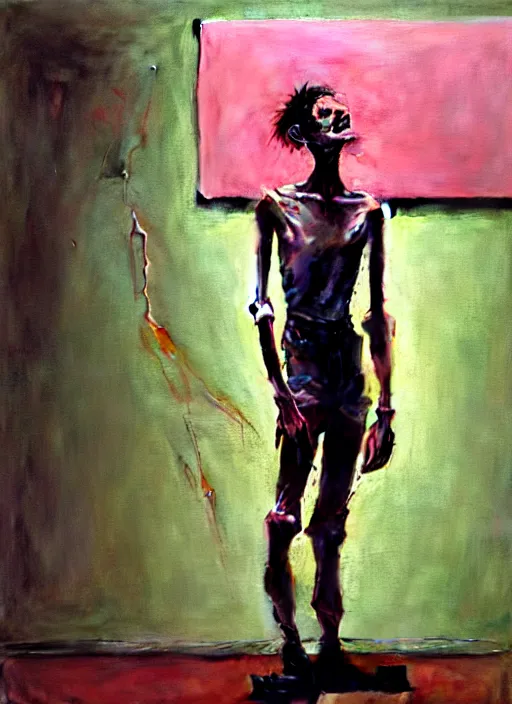 Prompt: an insane, skinny artist wearing torn overalls, expressively, interpretative dance with a large ghost, depth of field, hauntingly surreal, highly detailed oil painting, by francis bacon, edward hopper, adrian ghenie, glenn brown, soft light 4 k, pink and green colour palette, cinematic composition, cinematic lighting, high quality octane render