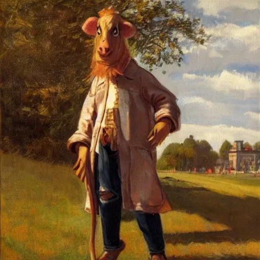 Image similar to painting by zorn, cow, dressed, anthropomorphic!!, wearing!!! clothes!!! jeans!!! standing next to royal castle!!