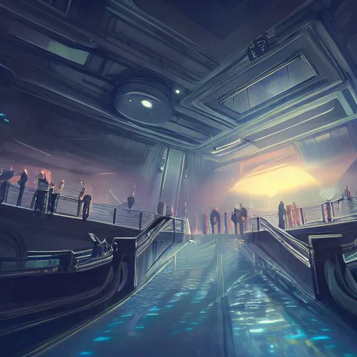 Prompt: futuristic hall with a lot of people, crisp, artstation, luxury, beautiful, dim painterly volumetric aquatic sunset lighting, 3 d concept art