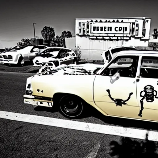 Image similar to Photo of skeletons doing a drive by in Los Angeles with uzis in a lowrider car