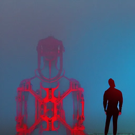 Prompt: symmetrical blue and red, mysterious man looking at a distant machine in fog