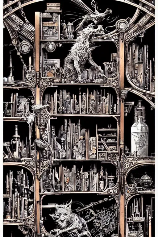 Prompt: a majestic steampunk alchemist book shelf, furniture, high details, bold line art, by vincent di fate and joe fenton, inking, etching, screen print, masterpiece, trending on artstation, sharp, high contrast, hyper - detailed,, hd, 4 k, 8 k