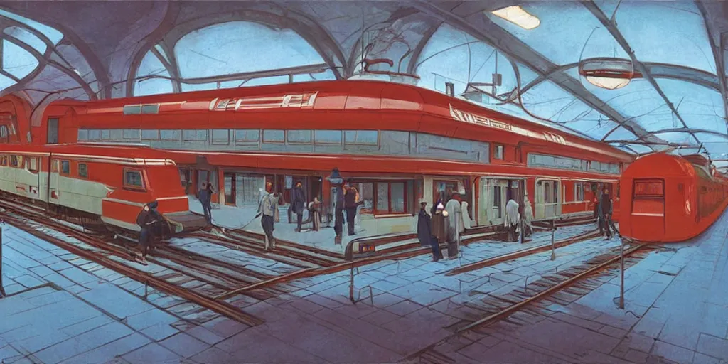 Prompt: soviet ussr retrofuturistic train station by syd mead, ralph mcquarrie, washed colours