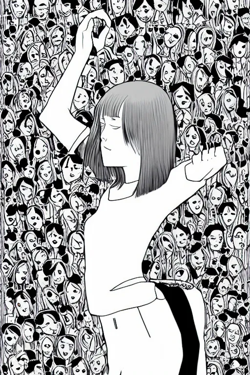 Image similar to portrait of a girl in long pants and a top, hands in pockets, eyes closed, bob haircut, digital art, black and white, lineart by junji ito