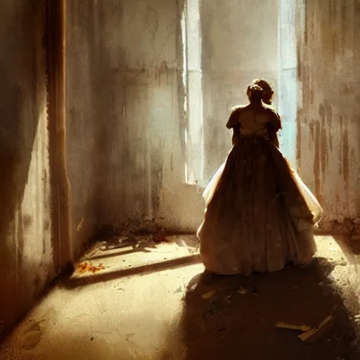Prompt: A woman in a wedding dress in a dirty run-down room, long shadow, warm colors, vintage shading, dark room, elegant interior, by Greg Rutkowski