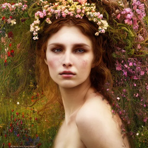 Image similar to portrait of a beautiful enchanted pagan female, depth of field, zeiss lens, detailed, symmetrical, centered, by annie leibovitz and steve mccurry, david lazar, jimmy nelsson, alphonse mucha, klimt, breathtaking, 8 k resolution, extremely detailed, beautiful, establishing shot, artistic, hyperrealistic, beautiful face, octane render