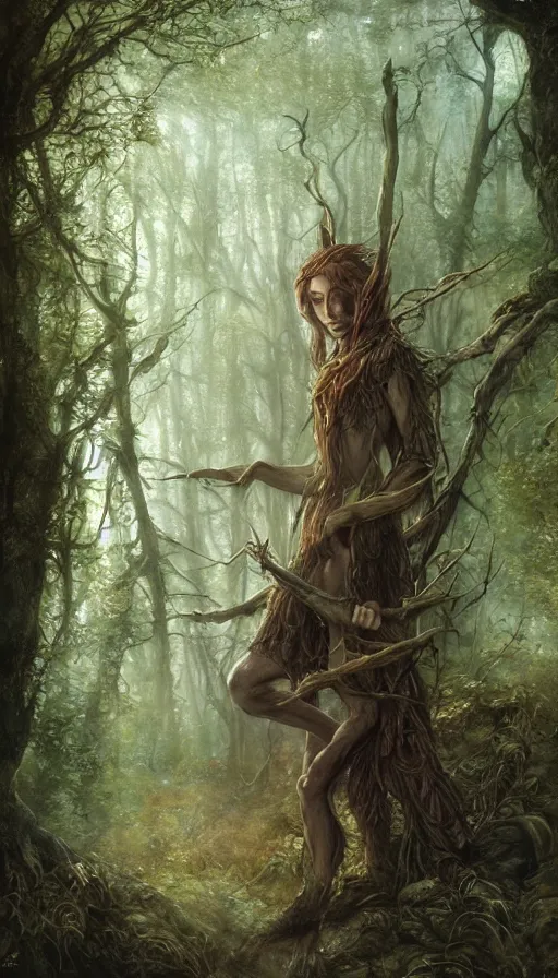 Image similar to Realistic painting of a high fantasy wood elf wizard in a magical forest clearing by Jean Baptiste Monge, Brian Froud, John Howe, Artgerm, Craig Mullins, trending on artstation volumetric lighting, dramatic lighting