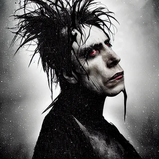 Image similar to stunning portrait of gaunt ( the cure fan ) as dream from sandman, dim stars as eyes, by jeremy mann, by cedric peyravernay, by by russ mills, by richard avedon and ben templesmith, dramatic lightning, sadness, grim face, dark eye sockets, in the shadows, punk rock, gothic, high detailed, 8 k