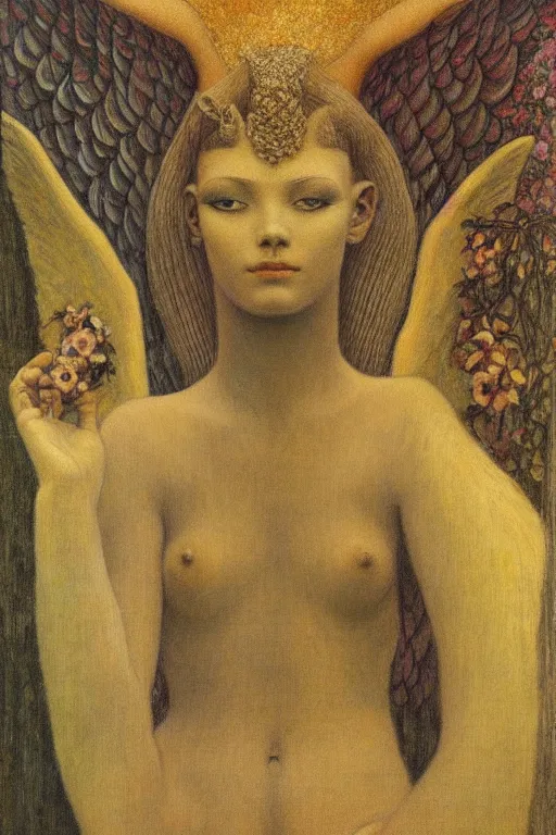 Prompt: a detailed painting of a beautiful mythical sphinx, beautiful woman face, mythical creature, lush garden, during night, magical mood, muted tones, symbolist painting, by fernand khnopff, jean delville, james jean, exquisite details, dark mood,