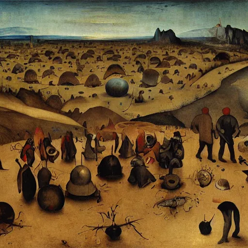 Prompt: painting of aliens coming out of a ufo greeting native americans by pieter bruegel,